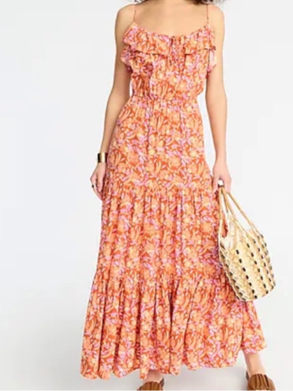 J. Crew Factory Orange Floral Ruffle Midi Dress